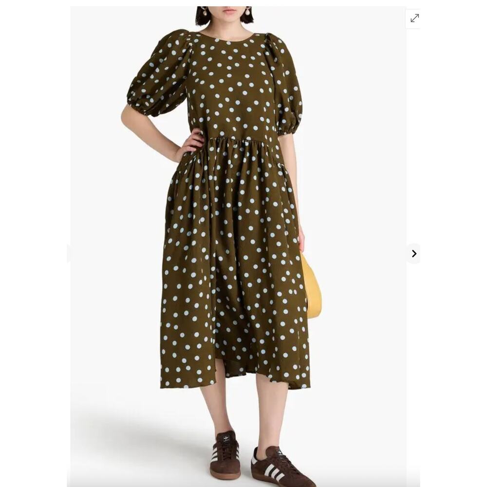 STINE GOYA Amelia Polka Dot Seersucker Midi Dress Small Puff Sleeve Midi